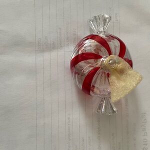 Princess House Red-Striped Clear Glass Candy Ornament with Gold Bow Accent